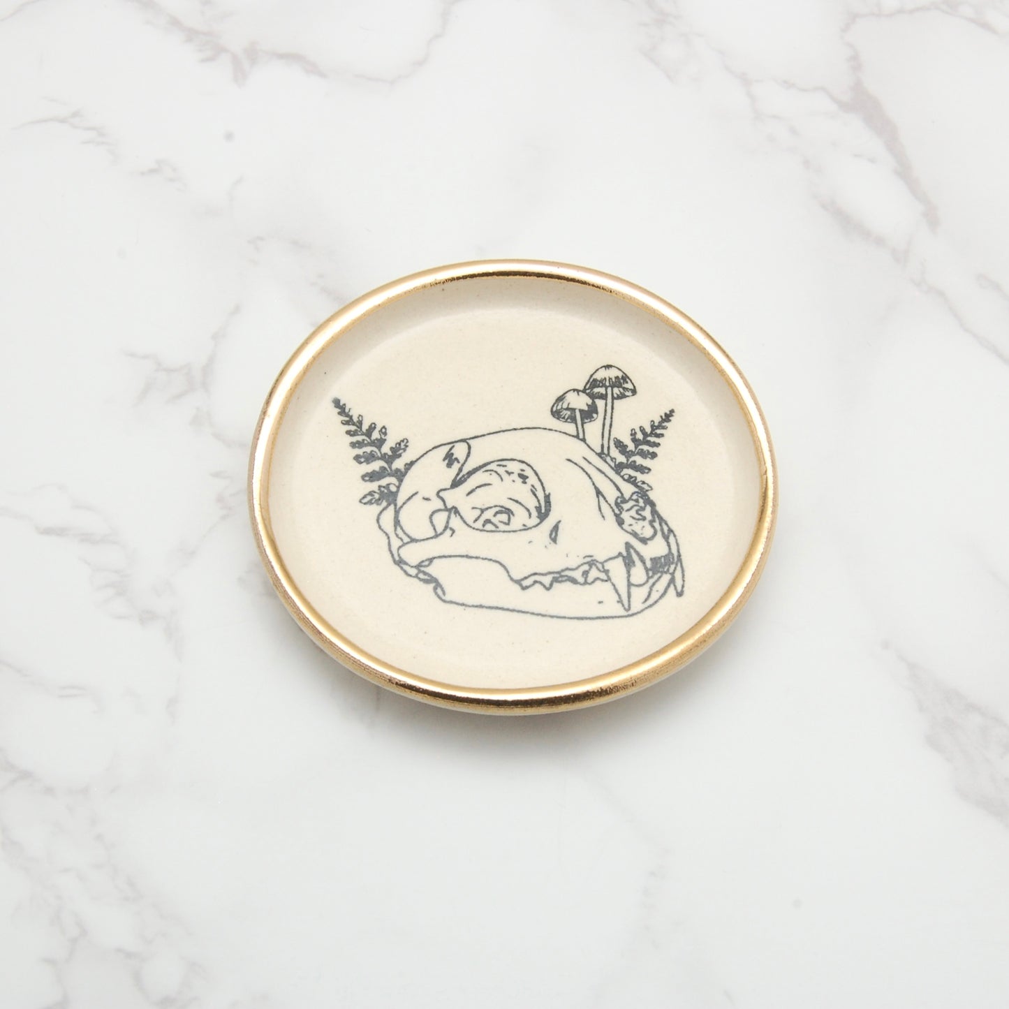 Cat Skull with Ferns: Tiny Decor Dish (3”)
