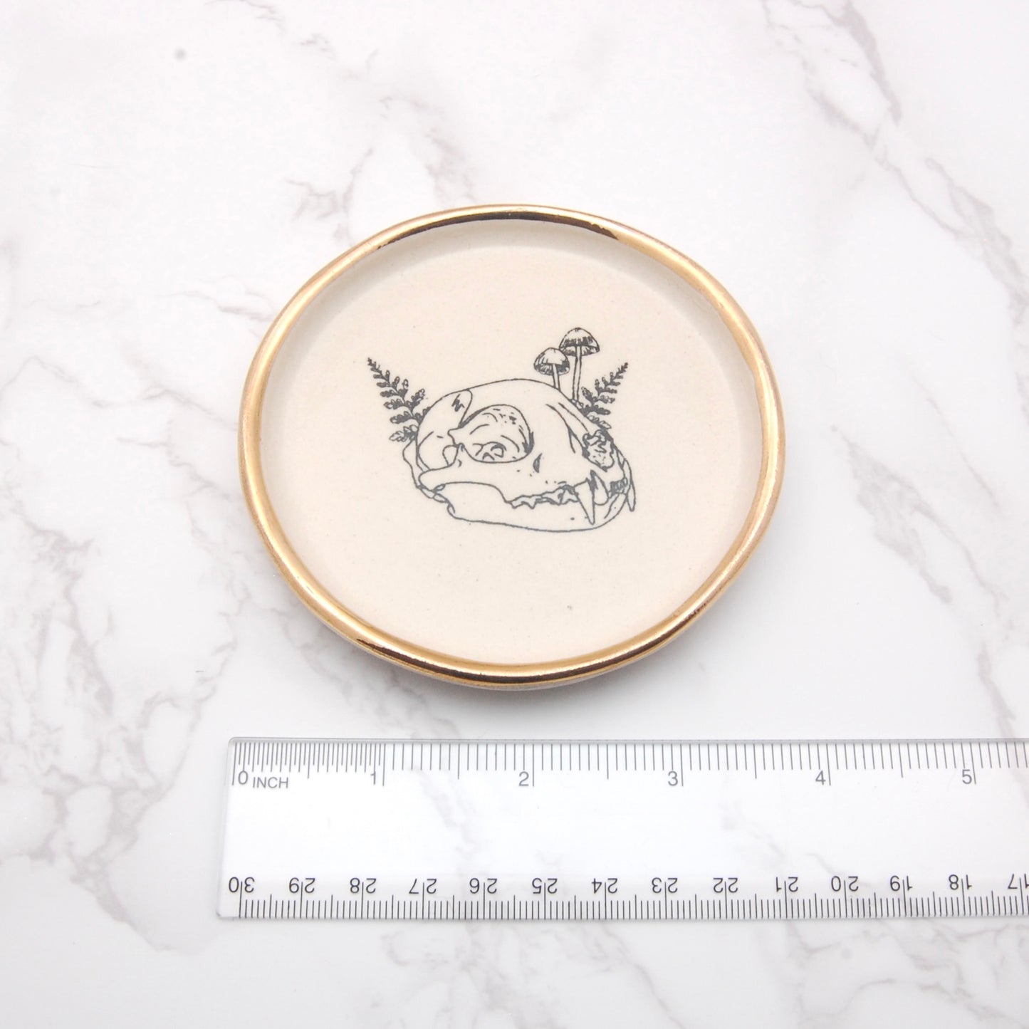 Cat Skull With Mushrooms: Decor Dish (4”)