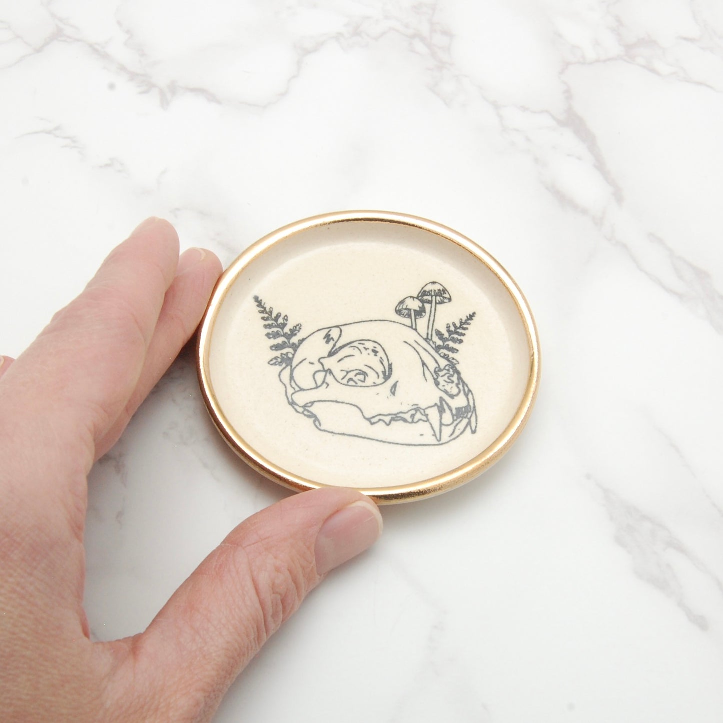 Cat Skull with Ferns: Tiny Decor Dish (3”)