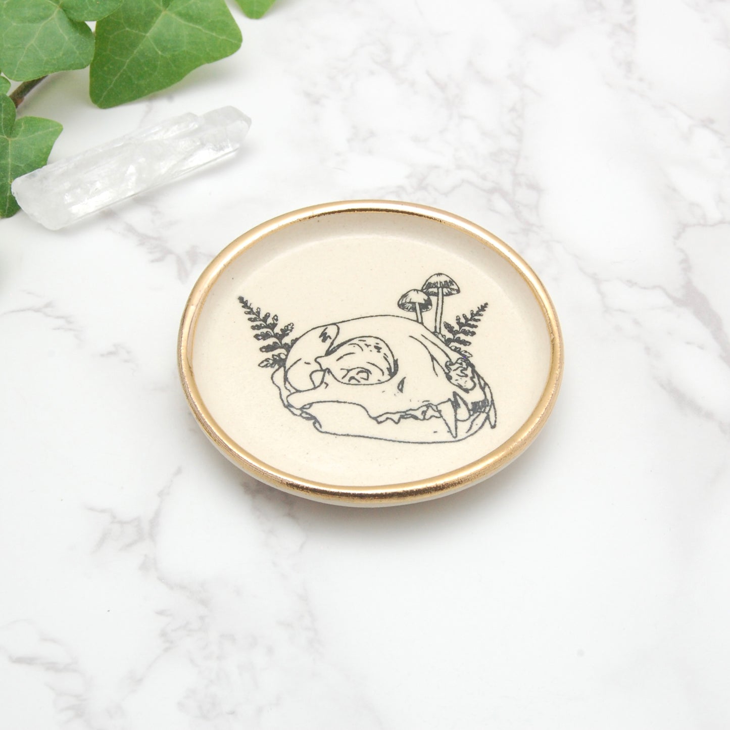 Cat Skull with Ferns: Tiny Decor Dish (3”)