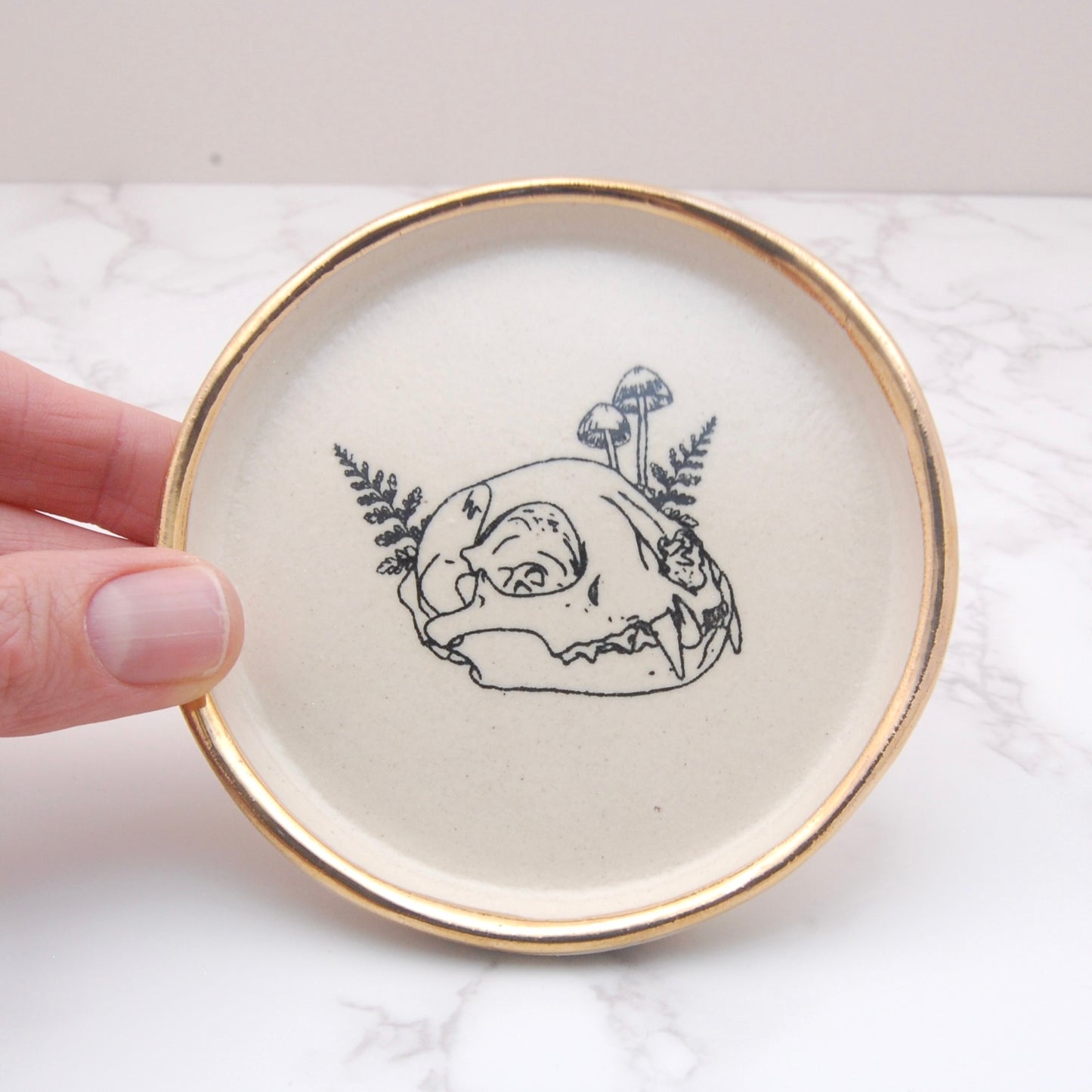 Cat Skull With Mushrooms: Decor Dish (4”)