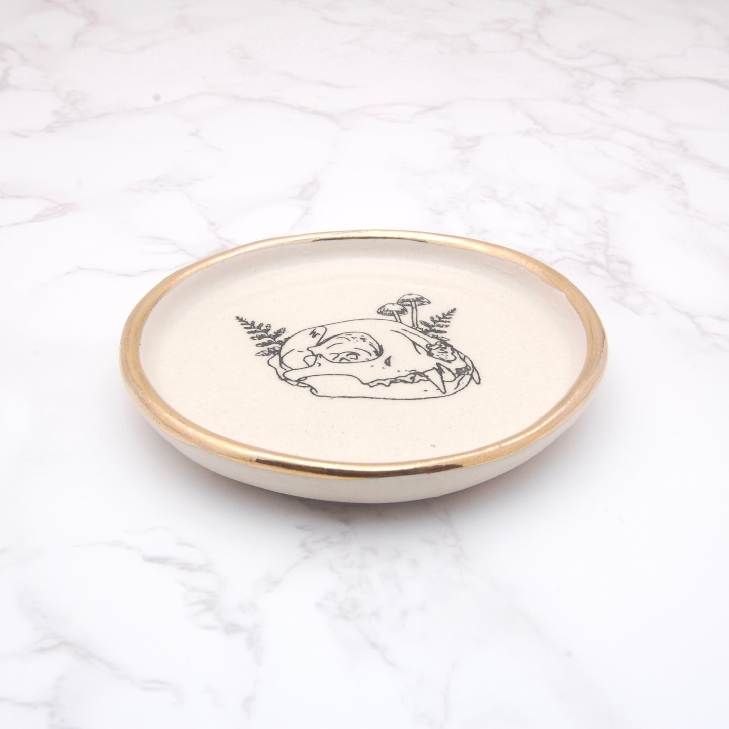 Cat Skull With Mushrooms: Decor Dish (4”)